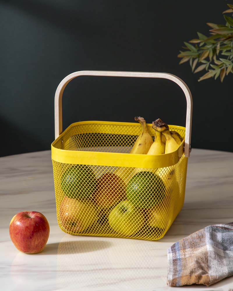 Junips | Square Metal Storage Basket with Wooden Handle - Yellow - Set of 2