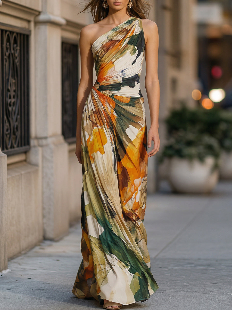 One-Shoulder Abstract Print Pleated Maxi Dress