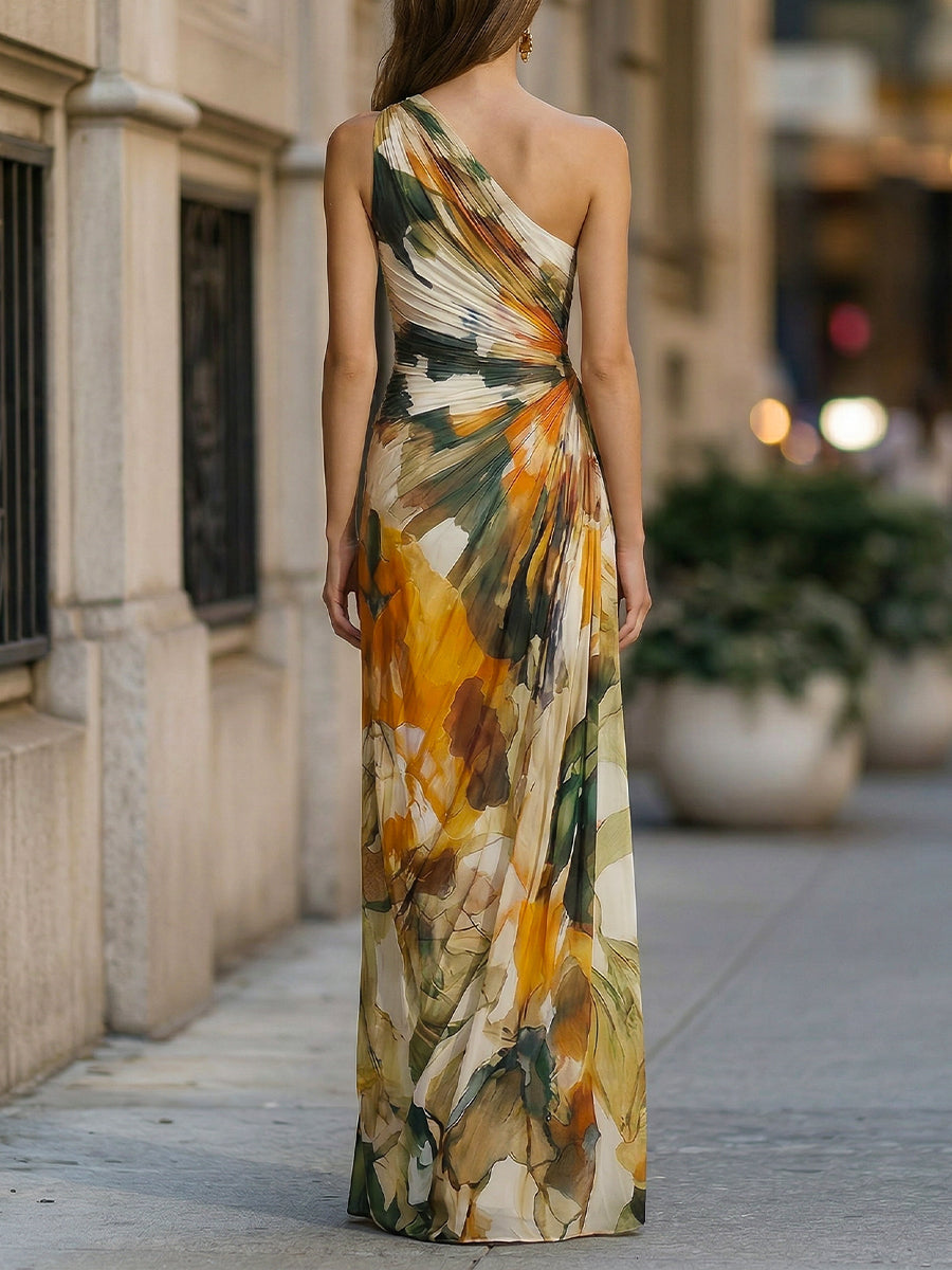 One-Shoulder Abstract Print Pleated Maxi Dress