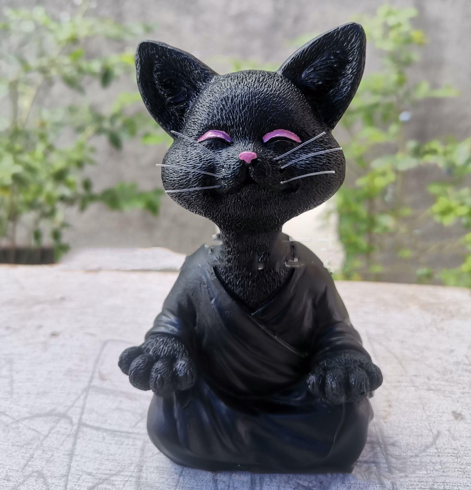 Junips | Playful Black Buddha Cat Figure Meditation Yoga Collectible Happy Cat Decor Home Garden Decoration Garden Ornament
