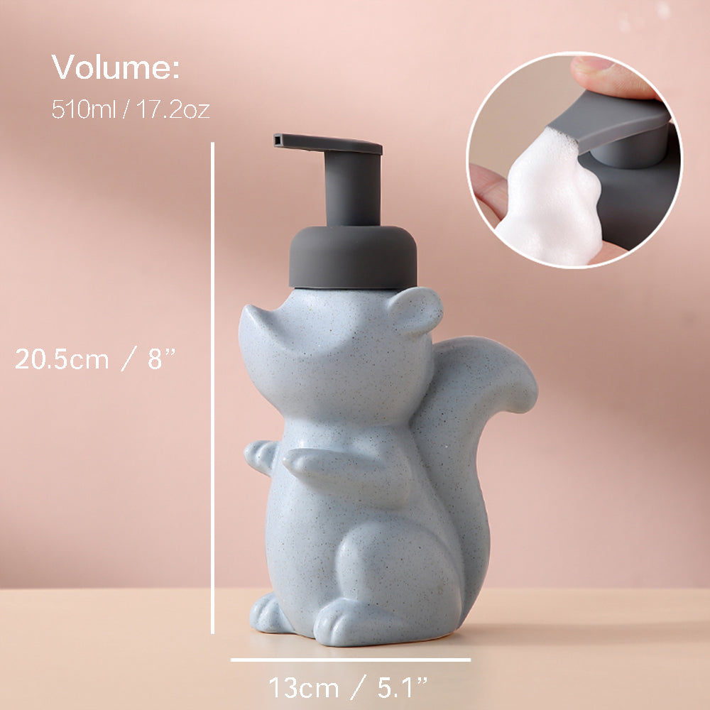 Junips | Ceramic Soap Dispenser, Squirrel Foam Pump Bathroom Bottle, Animal Design, Refillable Reusable Lotion Pump for Bathroom Kitchen, 510ml/17.2oz