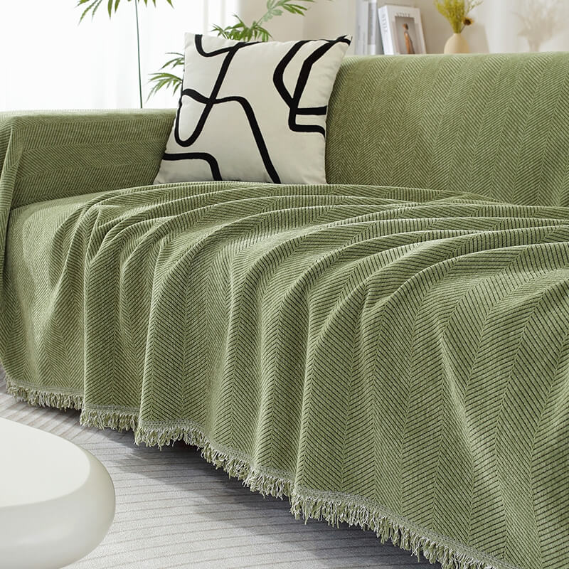 Junips | Chenille Blanket Herringbone Tassel Sofa Cover