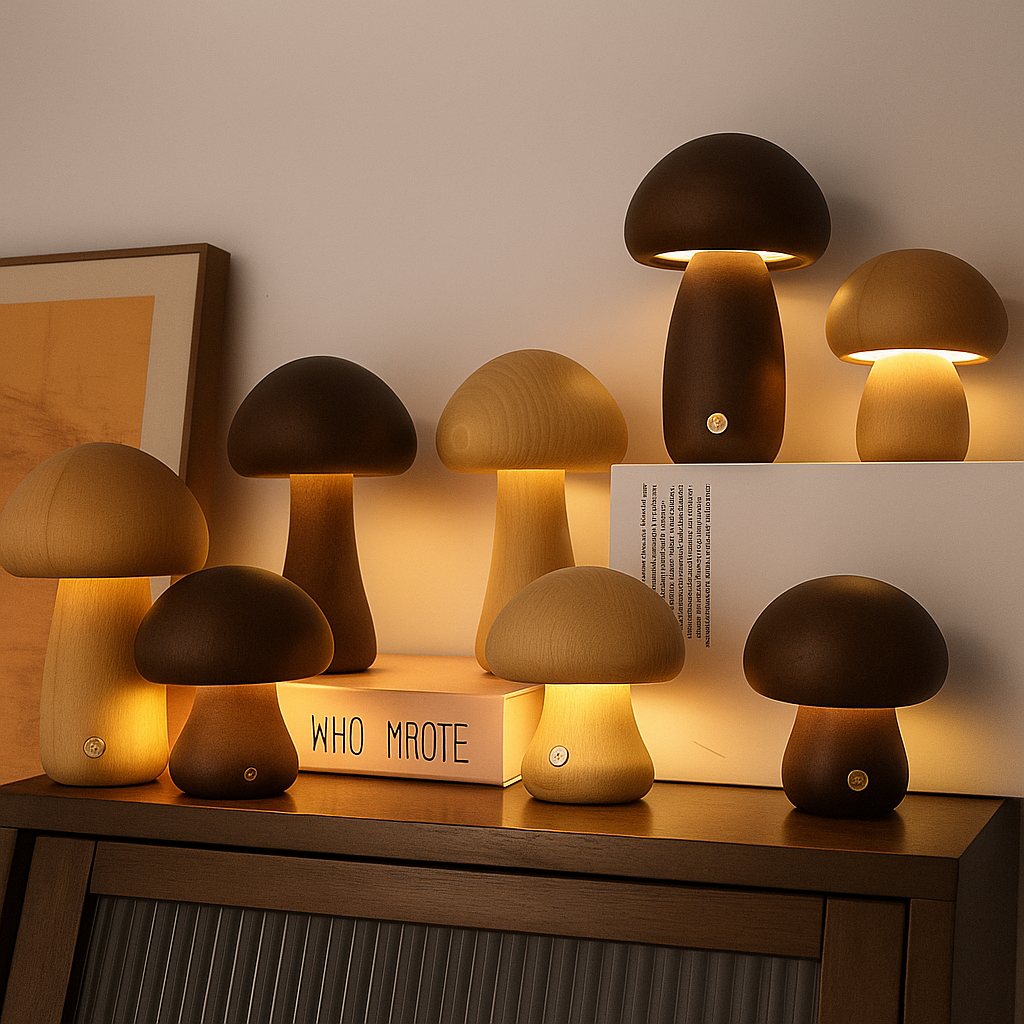 Junips | LumoNight Wooden Mushroom Night Light – LED Bedside Lamp with Touch Control