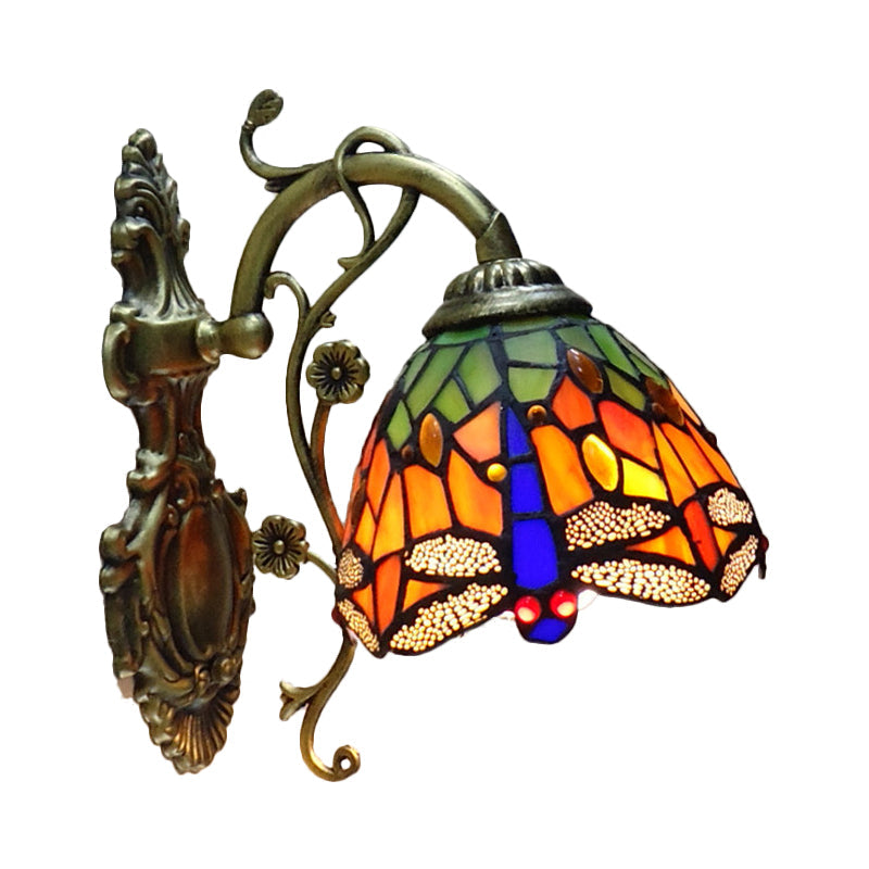 Junips | Hand-cut Glass Dragonfly Wall Lamp Tiffany Style 1 Light Wall Mounted Light Fixture with Carved Backplate
