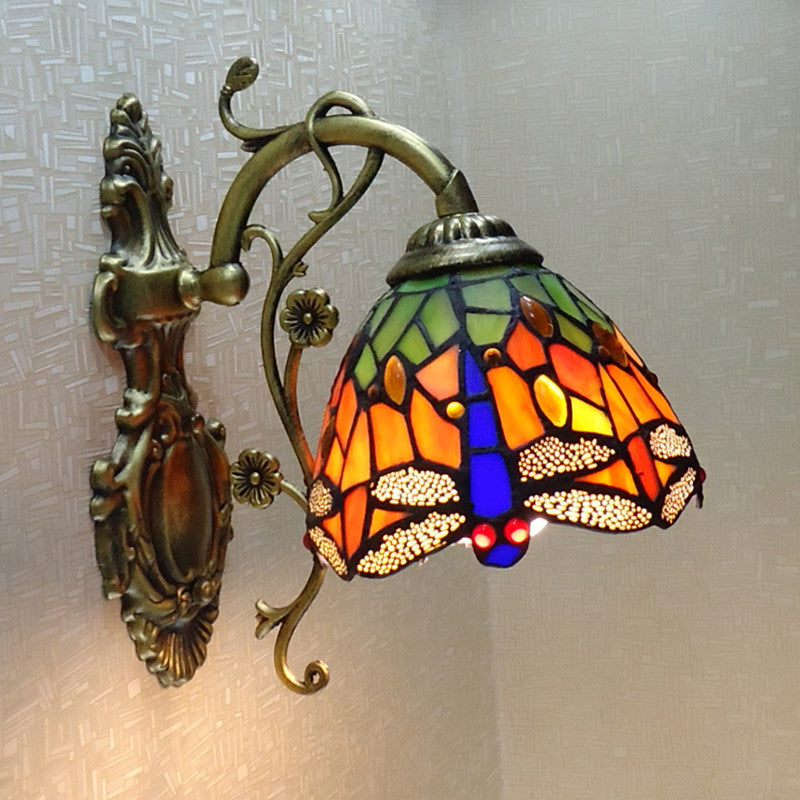 Junips | Hand-cut Glass Dragonfly Wall Lamp Tiffany Style 1 Light Wall Mounted Light Fixture with Carved Backplate