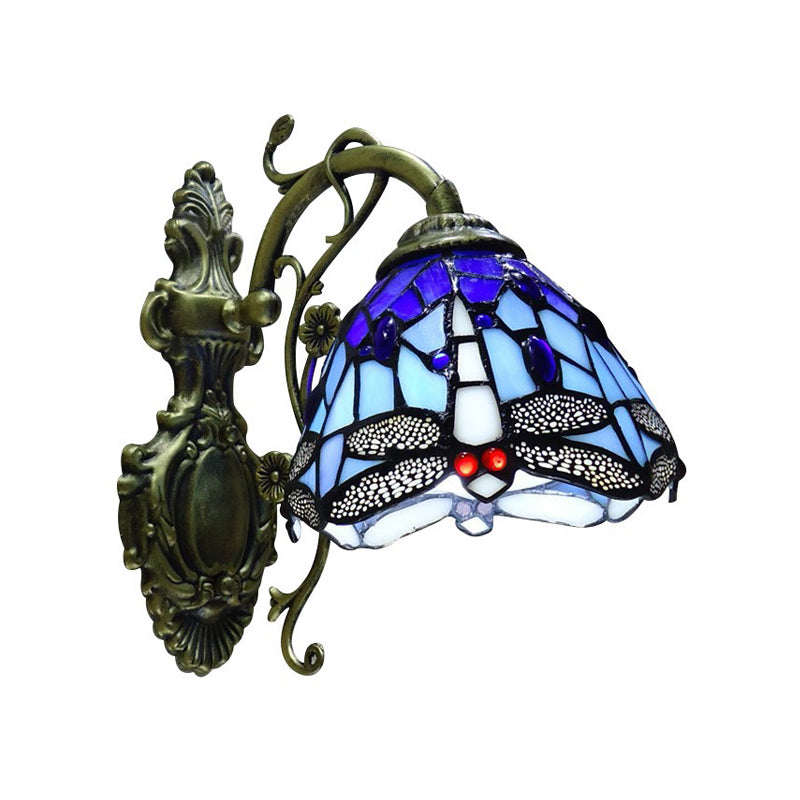 Junips | Hand-cut Glass Dragonfly Wall Lamp Tiffany Style 1 Light Wall Mounted Light Fixture with Carved Backplate