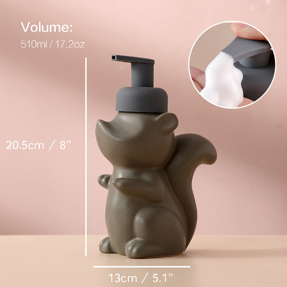 Junips | Ceramic Soap Dispenser, Squirrel Foam Pump Bathroom Bottle, Animal Design, Refillable Reusable Lotion Pump for Bathroom Kitchen, 510ml/17.2oz