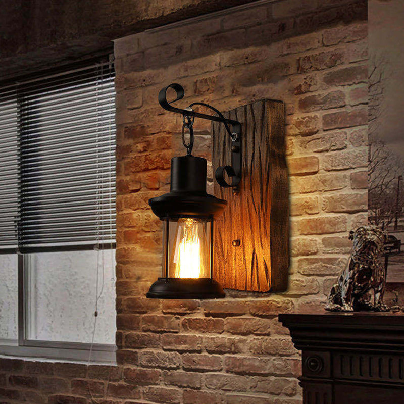 Junips | Industrial Lantern Wall Mount Light 1-Light Iron Wall Light with Clear Glass Shade for Restaurant