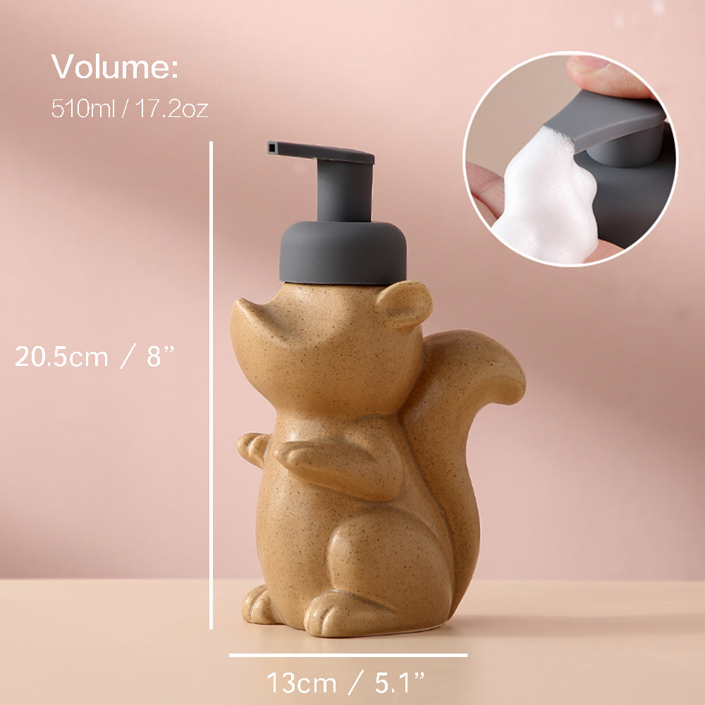 Junips | Ceramic Soap Dispenser, Squirrel Foam Pump Bathroom Bottle, Animal Design, Refillable Reusable Lotion Pump for Bathroom Kitchen, 510ml/17.2oz