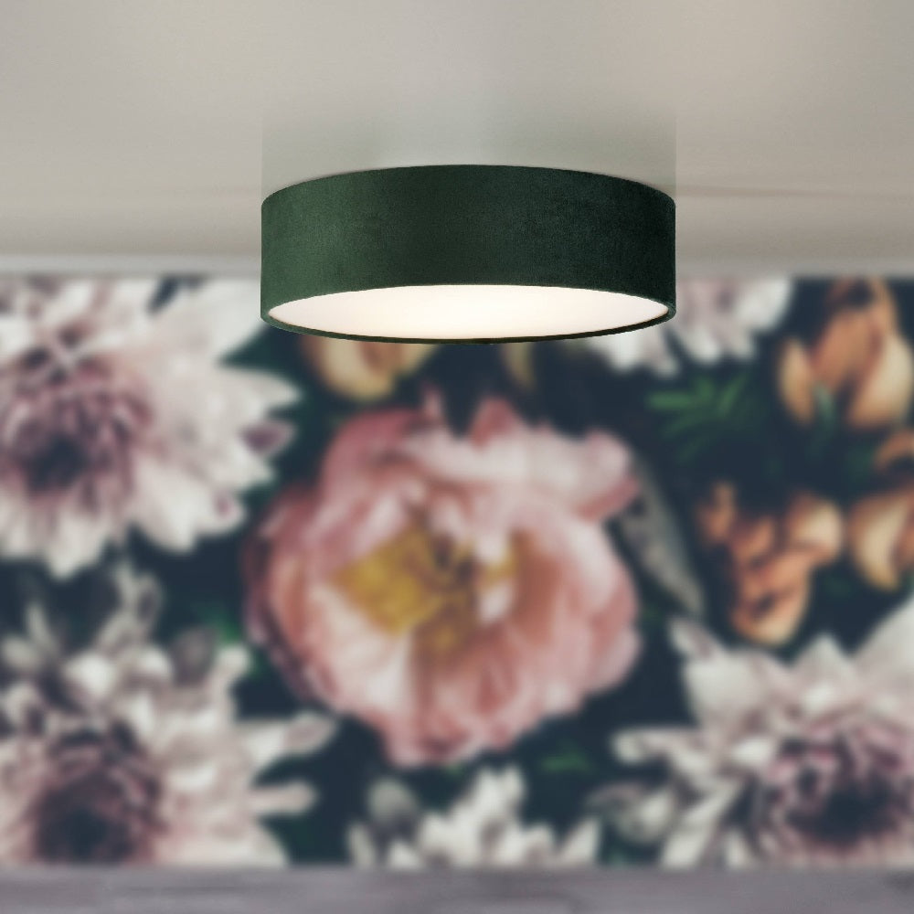 Junips | Green Velvet & Opal Diffuser Vintage Round Flush Drum Light 38cm