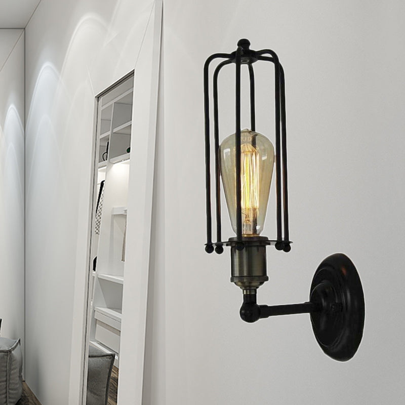 Junips | 1 Head floor lamp Vintage industrial tube cage shading metal mini wall light fixture in black for corridor