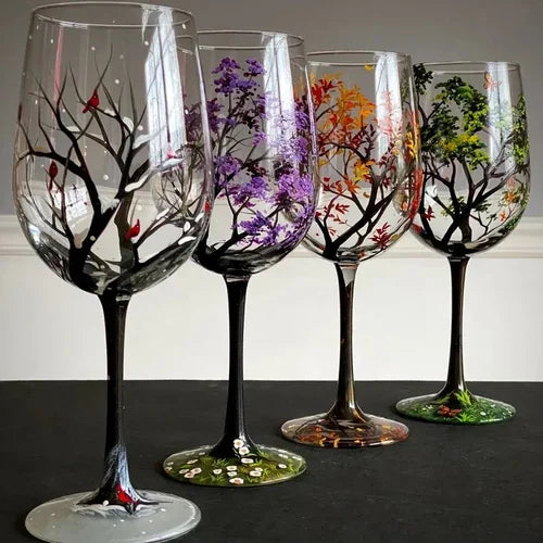Junips | Hand Painted Four Seasons Tree Wine Glasses | Unique Art