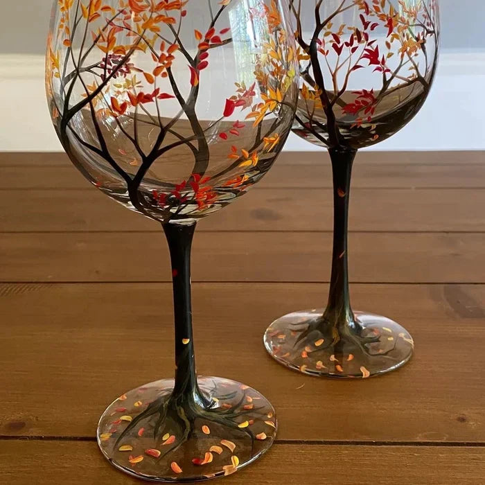 Junips | Hand Painted Four Seasons Tree Wine Glasses | Unique Art