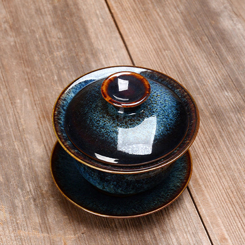 Junips | Vintage Kiln Ceramic Gaiwan Sancai Tea Cup Tea Cup and Saucer with Lid