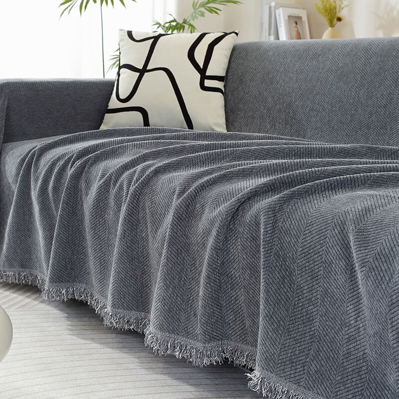 Junips | Chenille Blanket Herringbone Tassel Couch Cover
