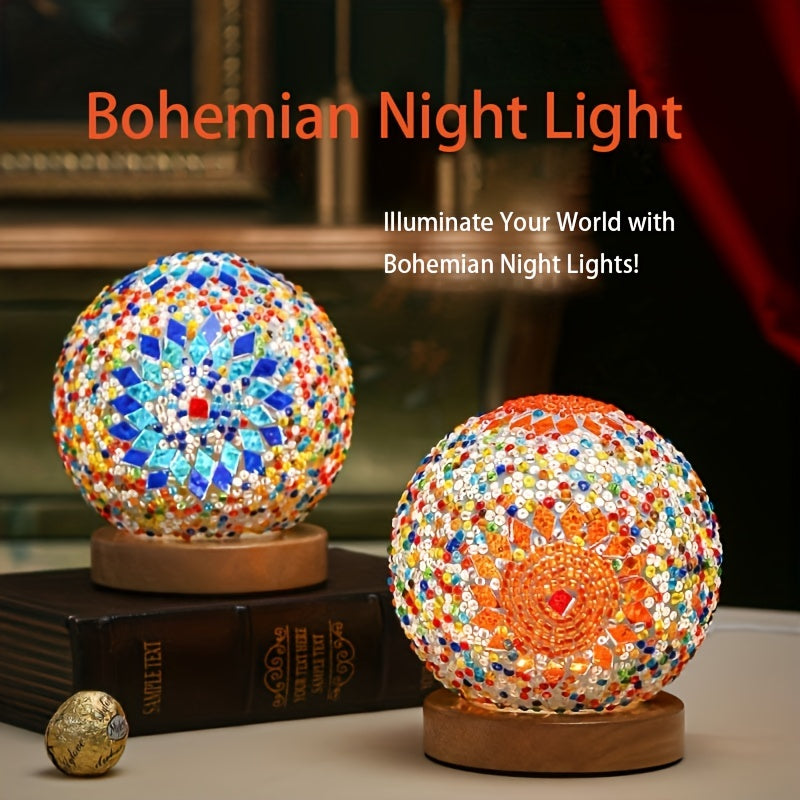 Junips | Mosaic glass ball table lamp with wooden base - Turkish Moroccan inspired