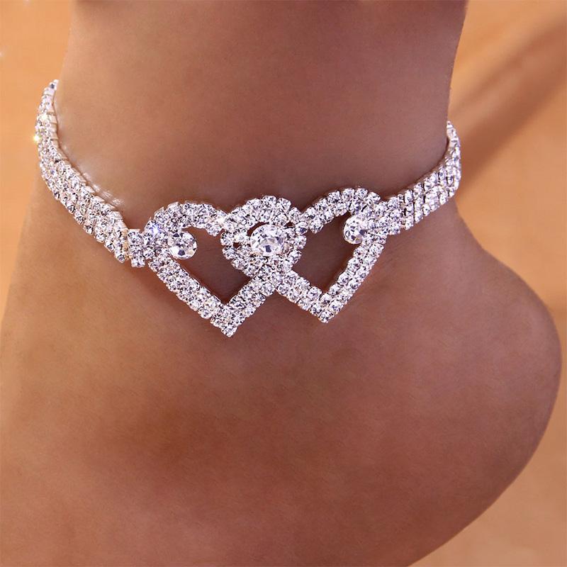 Junips | Fashion Rhinestone Double Heart Anklet