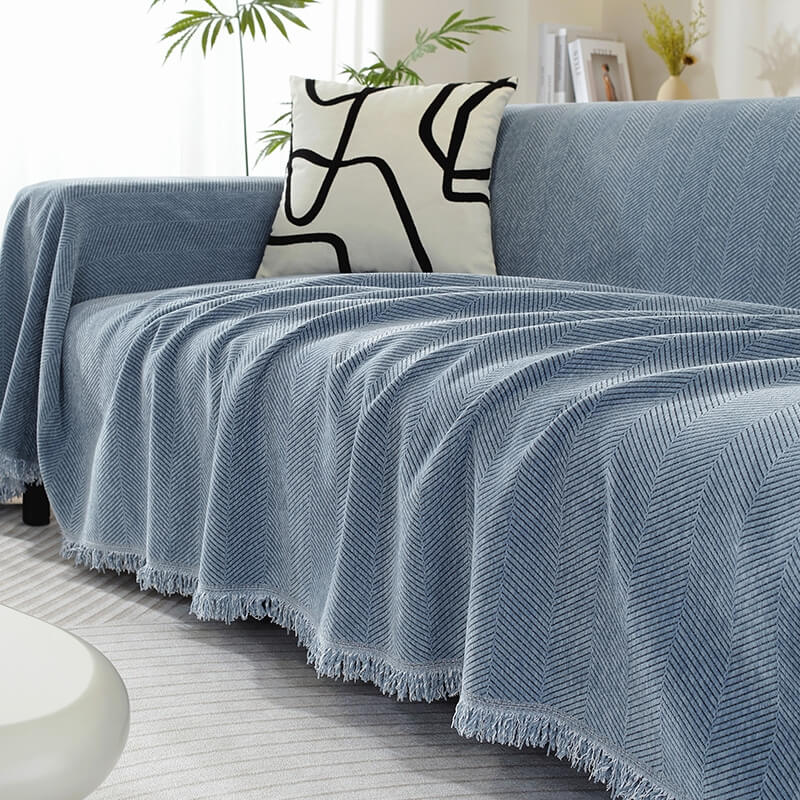 Junips | Chenille Blanket Herringbone Tassel Couch Cover