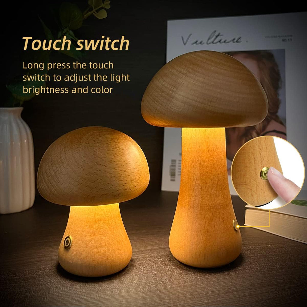Junips | LumoNight Wooden Mushroom Night Light – LED Bedside Lamp with Touch Control