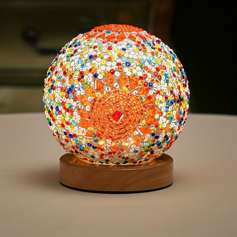 Junips | Mosaic glass ball table lamp with wooden base - Turkish Moroccan inspired