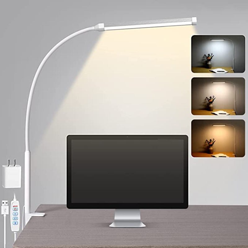 Junips | LED Desk Lamp with Lamp, eye-friendly Clip-On Lights for the Home Office, 3 Modes 10 Brightness Levels, long flexible Gooseneck, Metal, Swing Arm Architect Task Desk Lamps with USB Adapter, White