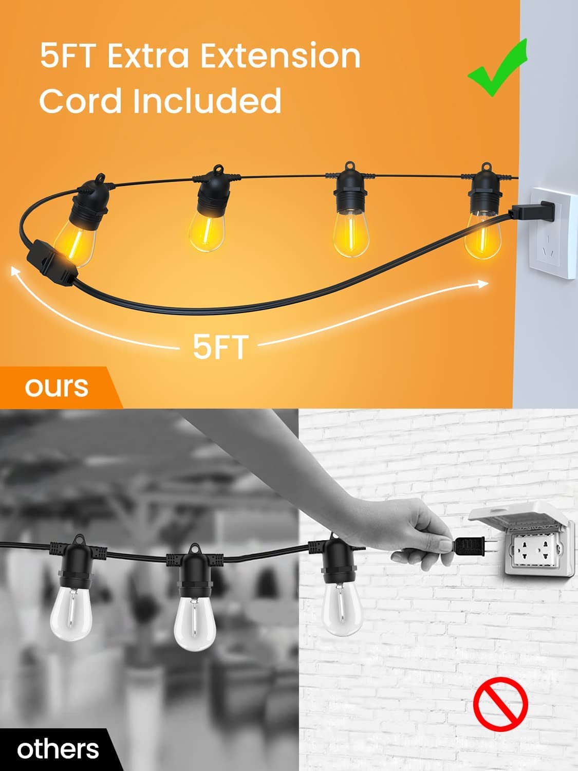 Junips | Festoon Lights Outdoor, 53FT/16M S14 Outdoor Garden LED String Lights, IP65 Waterproof Outdoor String Lights Main Power 2700K 15+1(Replacement) Bulbs for Outdoor Patio Terrace Yard Wedding Party