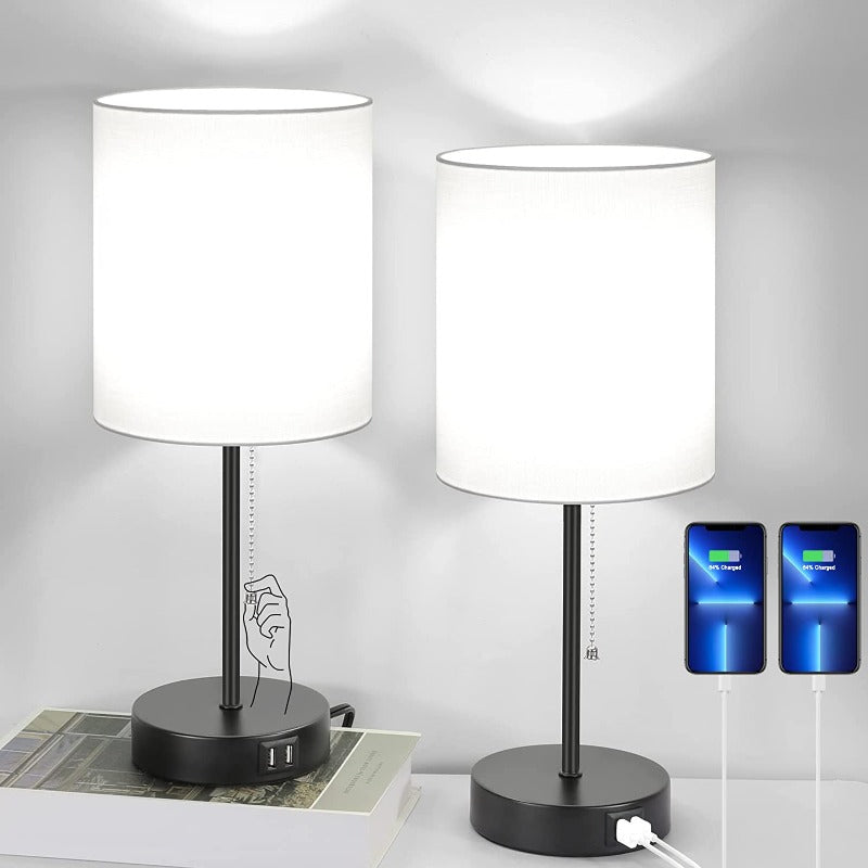 Junips | Table lamp set of 2 with USB charging ports, gray bedside lamps with AC outlet, bedside lamps with pull switch, minimalist modern desk lamps with fabric shade for living room bedroom office