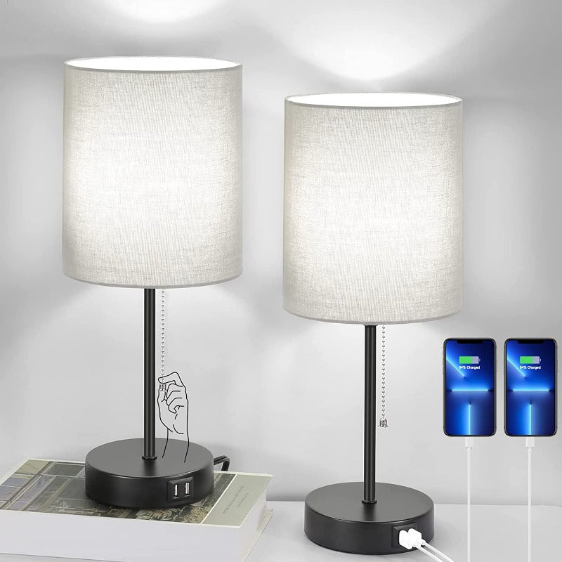 Junips | Table lamp set of 2 with USB charging ports, gray bedside lamps with AC outlet, bedside lamps with pull switch, minimalist modern desk lamps with fabric shade for living room bedroom office