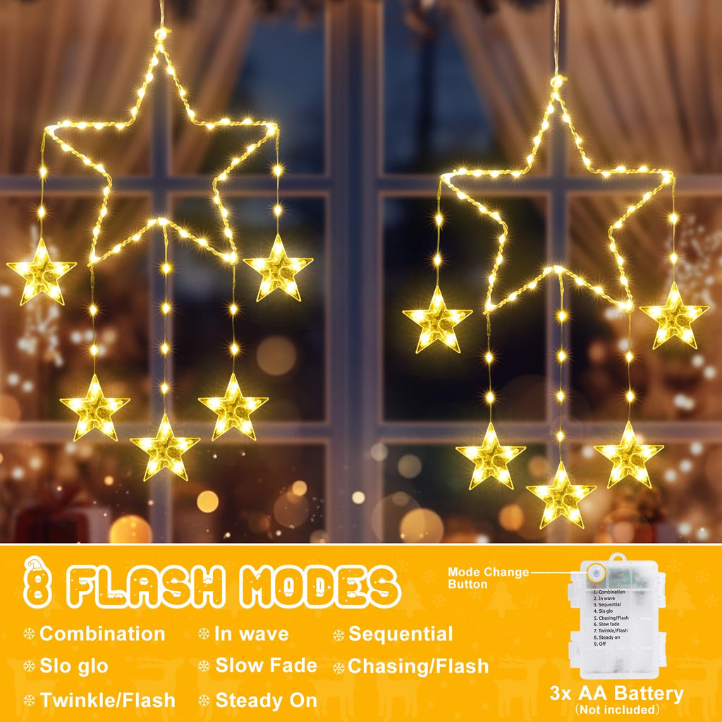 Junips | Quntis 2Pcs 95cm Large Christmas Window Lights, 84LED 12 Stars Battery Operated Christmas Silhouette Sparkle Star Lights with Timer Memory, 8 Modes Xmas Indoor Outdoor Hanging Decoration, Warm White