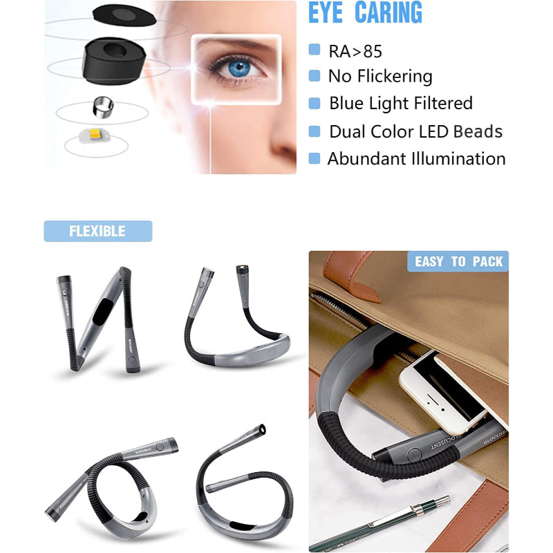 Junips | LED Neck Reading Lamp, Book Light for Reading in Bed, 3 Colors, 6 Brightness Levels, Flexible Arm, Rechargeable, Durable, Perfect for Reading, Knitting, Camping, Repairing