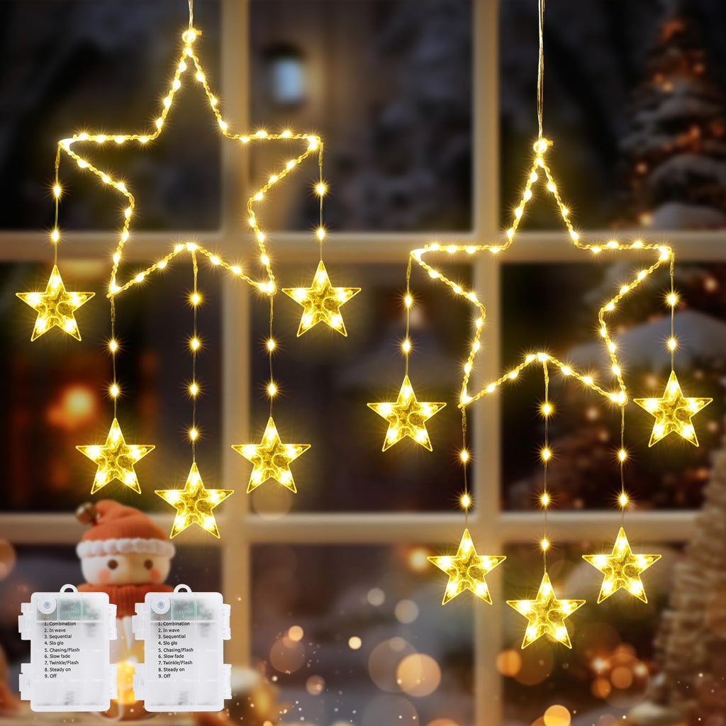 Junips | Quntis 2Pcs 95cm Large Christmas Window Lights, 84LED 12 Stars Battery Operated Christmas Silhouette Sparkle Star Lights with Timer Memory, 8 Modes Xmas Indoor Outdoor Hanging Decoration, Warm White