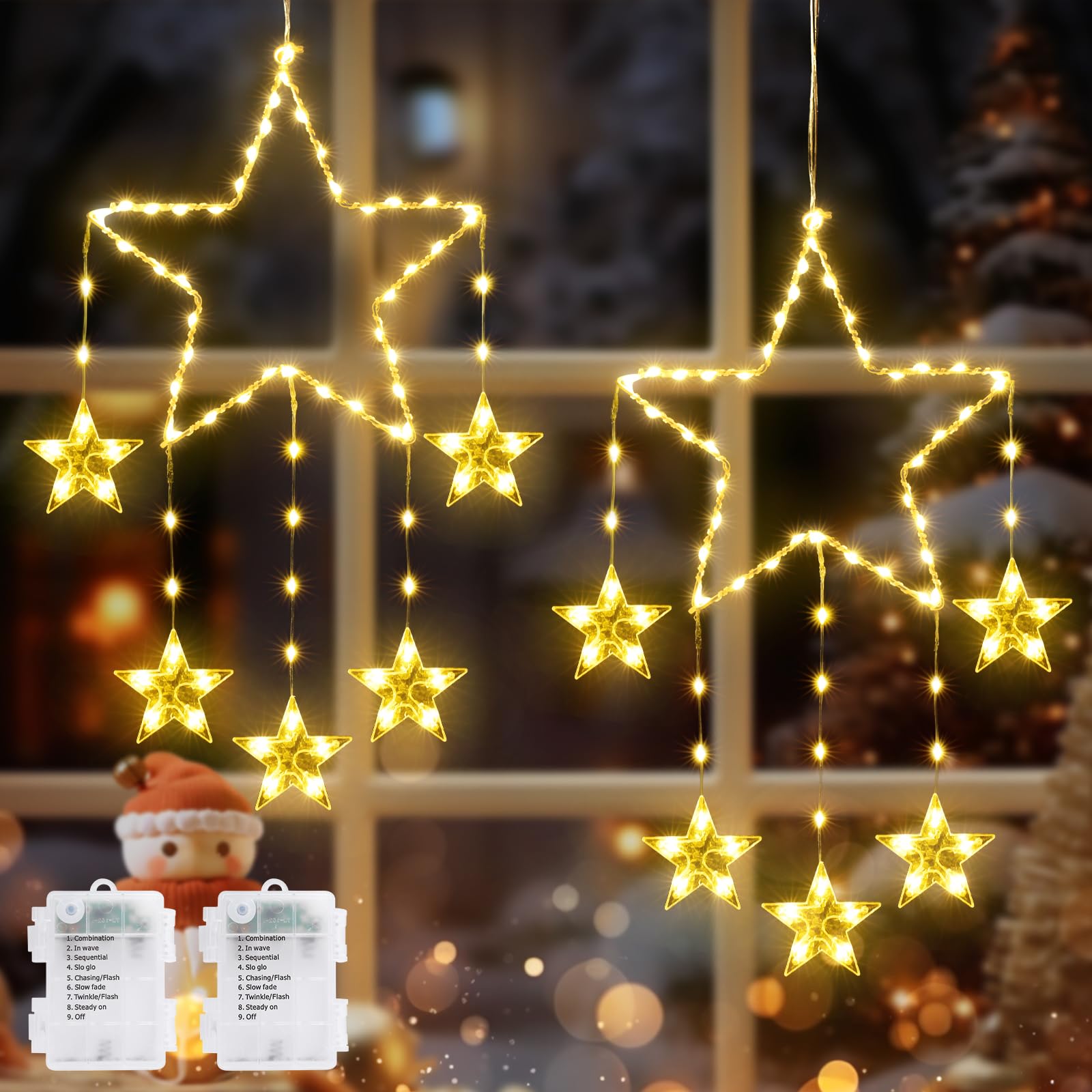 Junips | Quntis 2Pcs 95cm Large Christmas Window Lights, 84LED 12 Stars Battery Operated Christmas Silhouette Sparkle Star Lights with Timer Memory, 8 Modes Xmas Indoor Outdoor Hanging Decoration, Warm White