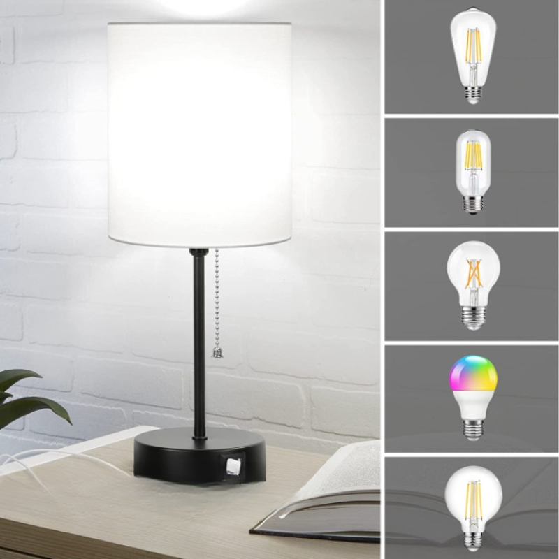 Junips | Table lamp set of 2 with USB charging ports, gray bedside lamps with AC outlet, bedside lamps with pull switch, minimalist modern desk lamps with fabric shade for living room bedroom office