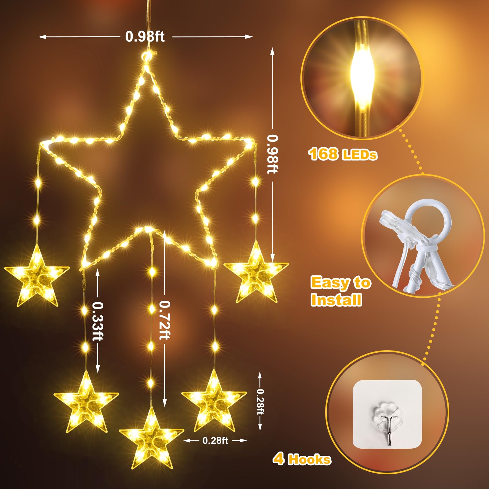 Junips | Quntis 2Pcs 95cm Large Christmas Window Lights, 84LED 12 Stars Battery Operated Christmas Silhouette Sparkle Star Lights with Timer Memory, 8 Modes Xmas Indoor Outdoor Hanging Decoration, Warm White