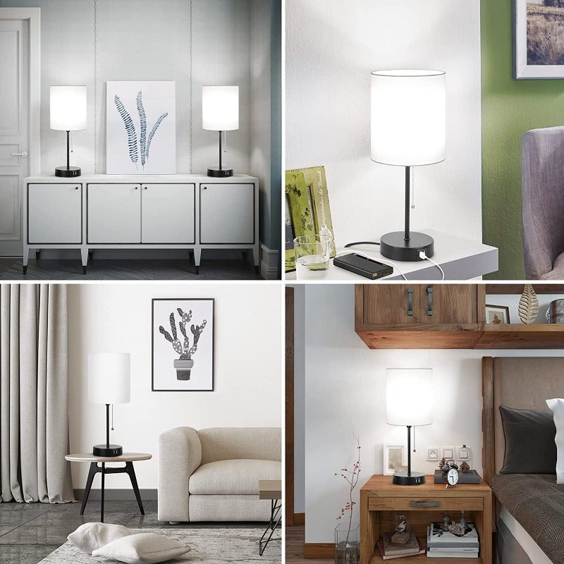 Junips | Table lamp set of 2 with USB charging ports, gray bedside lamps with AC outlet, bedside lamps with pull switch, minimalist modern desk lamps with fabric shade for living room bedroom office