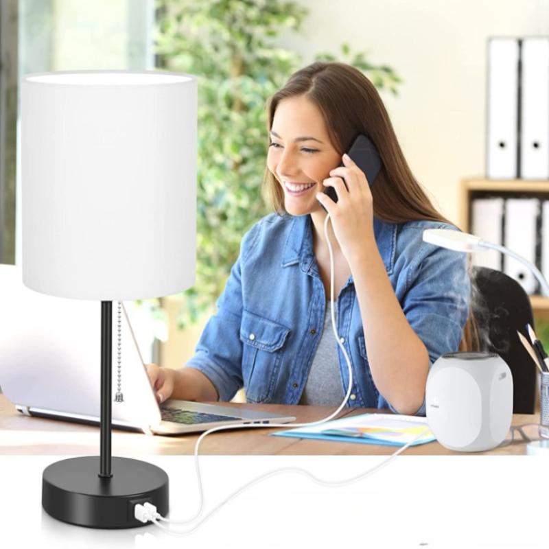 Junips | Table lamp set of 2 with USB charging ports, gray bedside lamps with AC outlet, bedside lamps with pull switch, minimalist modern desk lamps with fabric shade for living room bedroom office