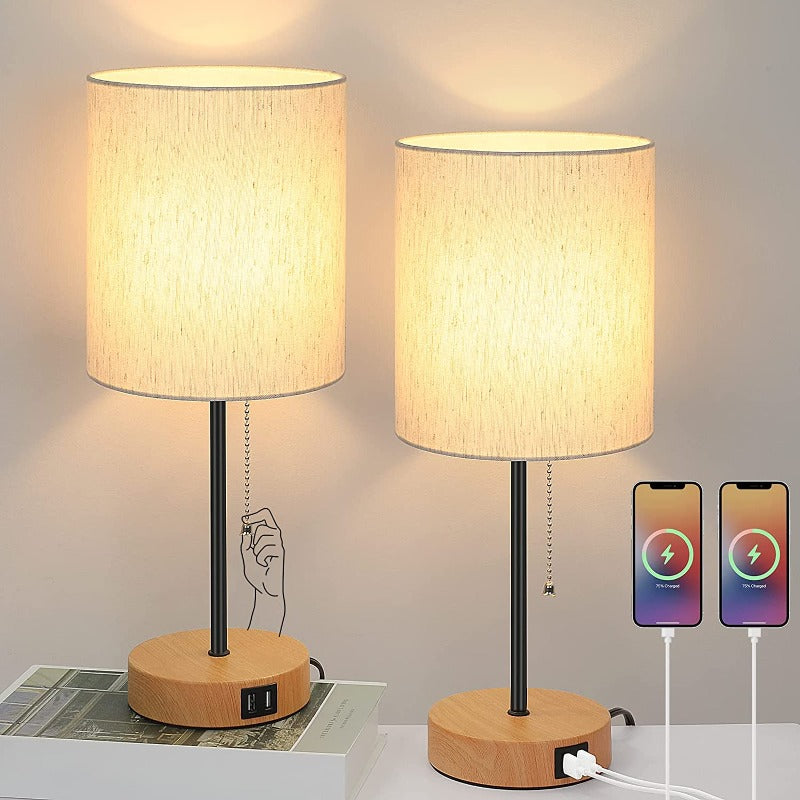 Junips | Table lamp set of 2 with USB charging ports, gray bedside lamps with AC outlet, bedside lamps with pull switch, minimalist modern desk lamps with fabric shade for living room bedroom office