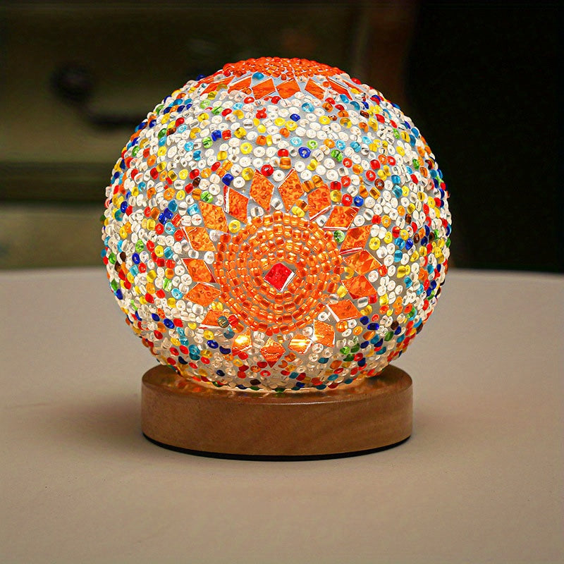 Junips | Mosaic glass ball table lamp with wooden base - Turkish Moroccan inspired