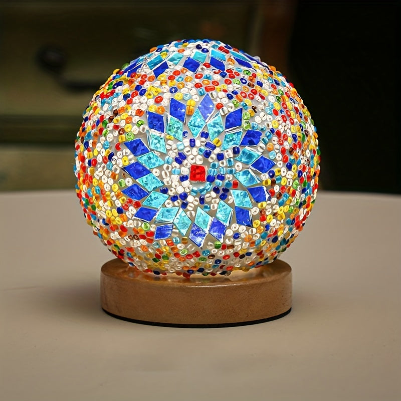 Junips | Mosaic glass ball table lamp with wooden base - Turkish Moroccan inspired