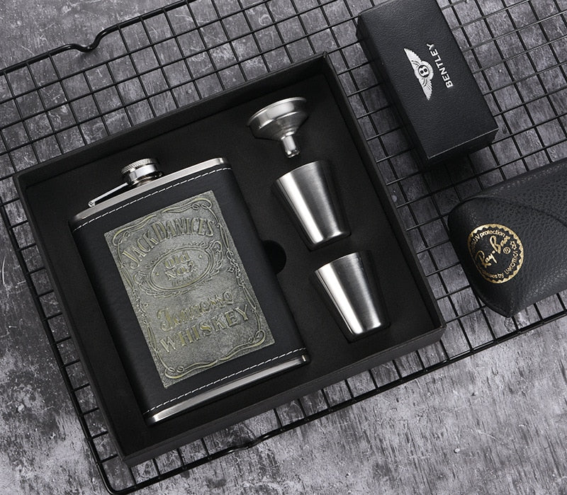 Junips | 8oz Whisky Bottle made of Stainless Steel Alcohol Funnel Hip Flask Embroidered Golden Silk Fabric Packaging Gift Box Set