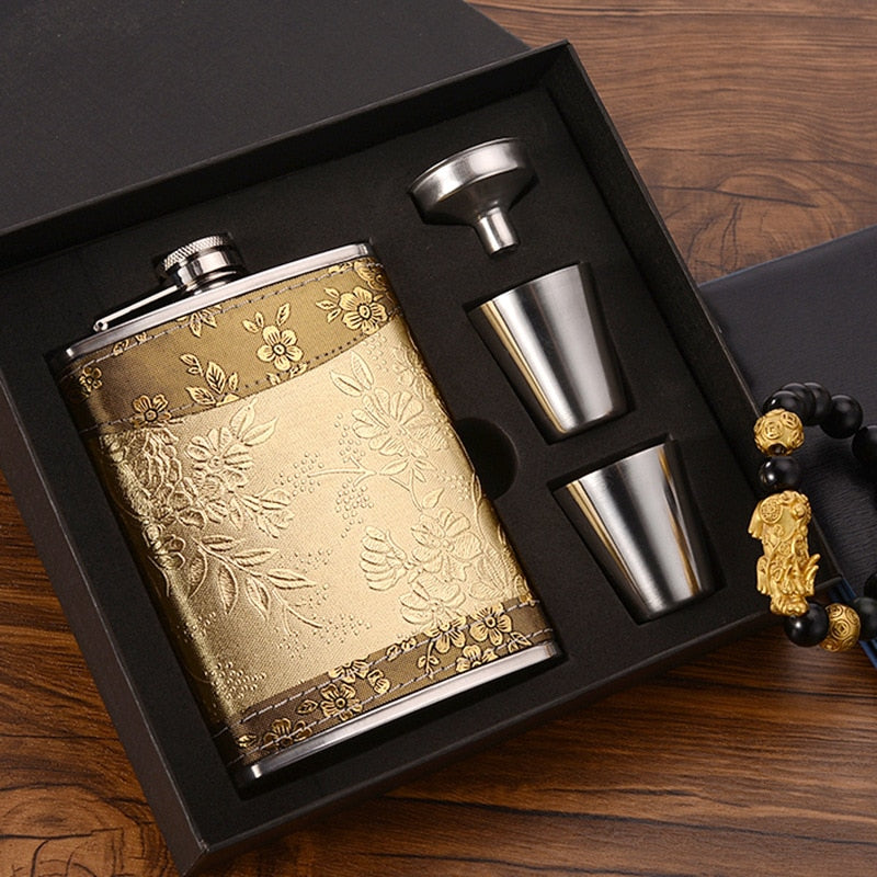 Junips | 8oz Whisky Bottle made of Stainless Steel Alcohol Funnel Hip Flask Embroidered Golden Silk Fabric Packaging Gift Box Set