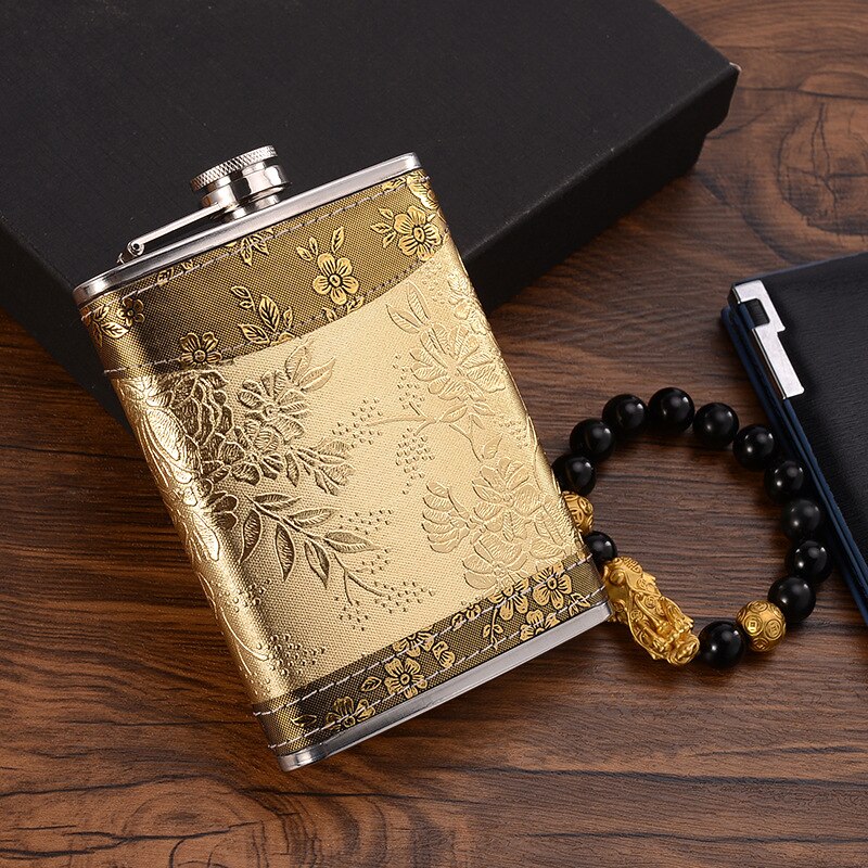Junips | 8oz Whisky Bottle made of Stainless Steel Alcohol Funnel Hip Flask Embroidered Golden Silk Fabric Packaging Gift Box Set