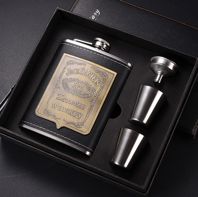 Junips | 8oz Whisky Bottle made of Stainless Steel Alcohol Funnel Hip Flask Embroidered Golden Silk Fabric Packaging Gift Box Set
