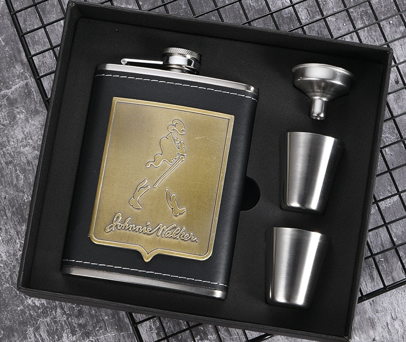 Junips | 8oz Whisky Bottle made of Stainless Steel Alcohol Funnel Hip Flask Embroidered Golden Silk Fabric Packaging Gift Box Set