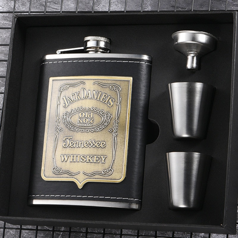 Junips | 8oz Whisky Bottle made of Stainless Steel Alcohol Funnel Hip Flask Embroidered Golden Silk Fabric Packaging Gift Box Set