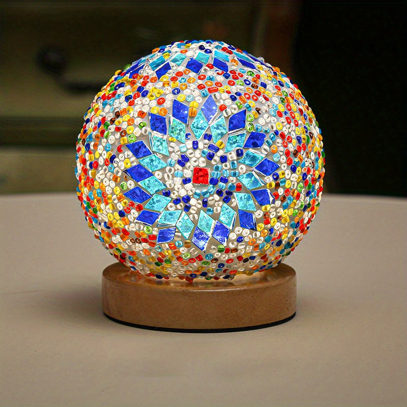 Junips | Mosaic glass ball table lamp with wooden base - Turkish Moroccan inspired