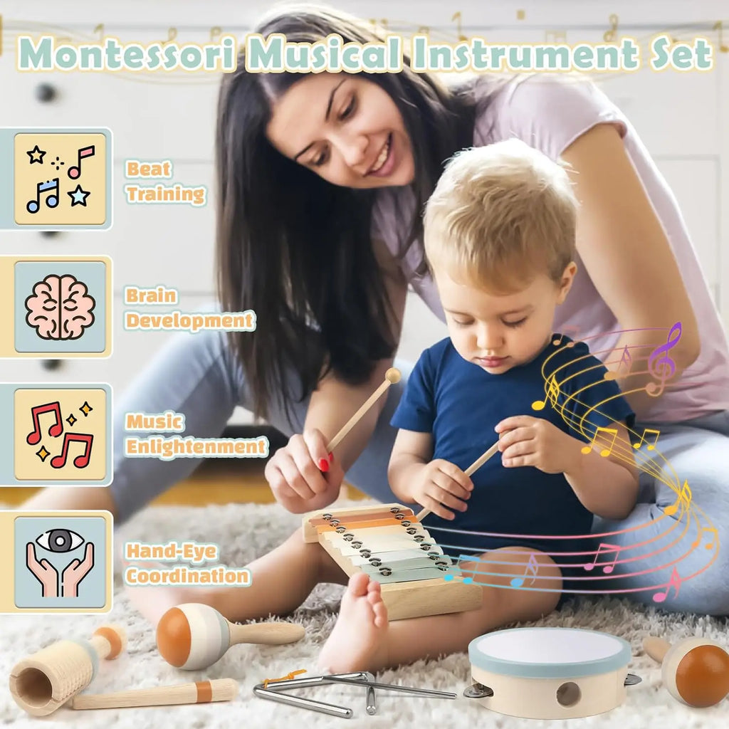 Junips | Wood Montessori Musical Instrument Set for Toddlers - Professionally Tuned Xylophone, Maracas and more - Educational Gift for Preschoolers