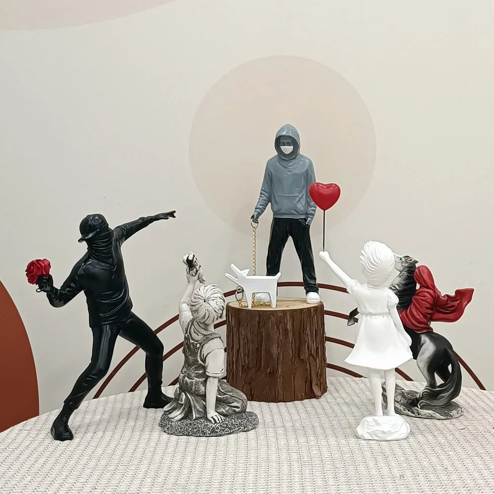 Junips | Dropshipping Banksy Sculpture Collection Flower Thrower Statue Pop Art Modern Balloon Girl Figurine Office Home Decoration