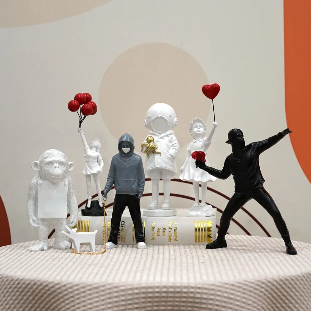 Junips | Dropshipping Banksy Sculpture Collection Flower Thrower Statue Pop Art Modern Balloon Girl Figurine Office Home Decoration