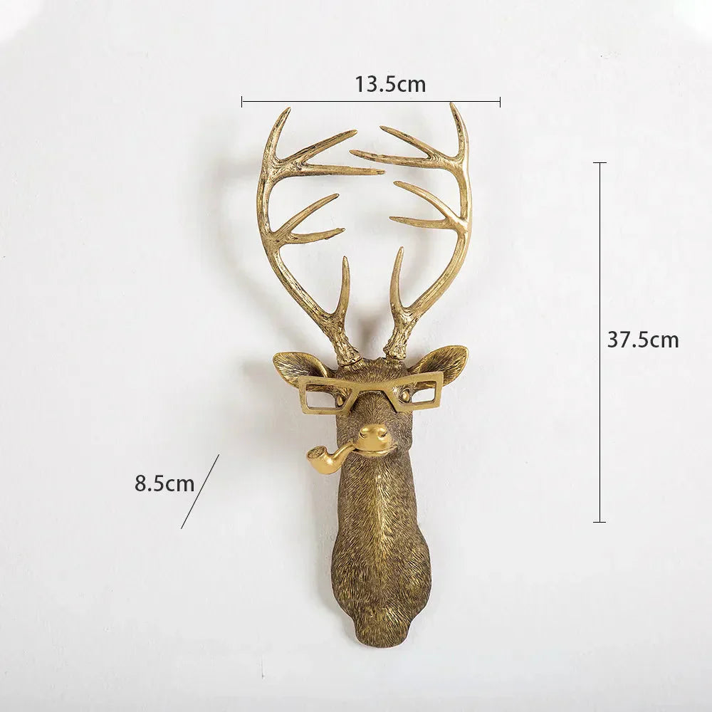 Junips | Antique Bronze Resin Animal Pendant Golden Deer Head Wall Storage Hook Background Wall Accessories Decorative Figures